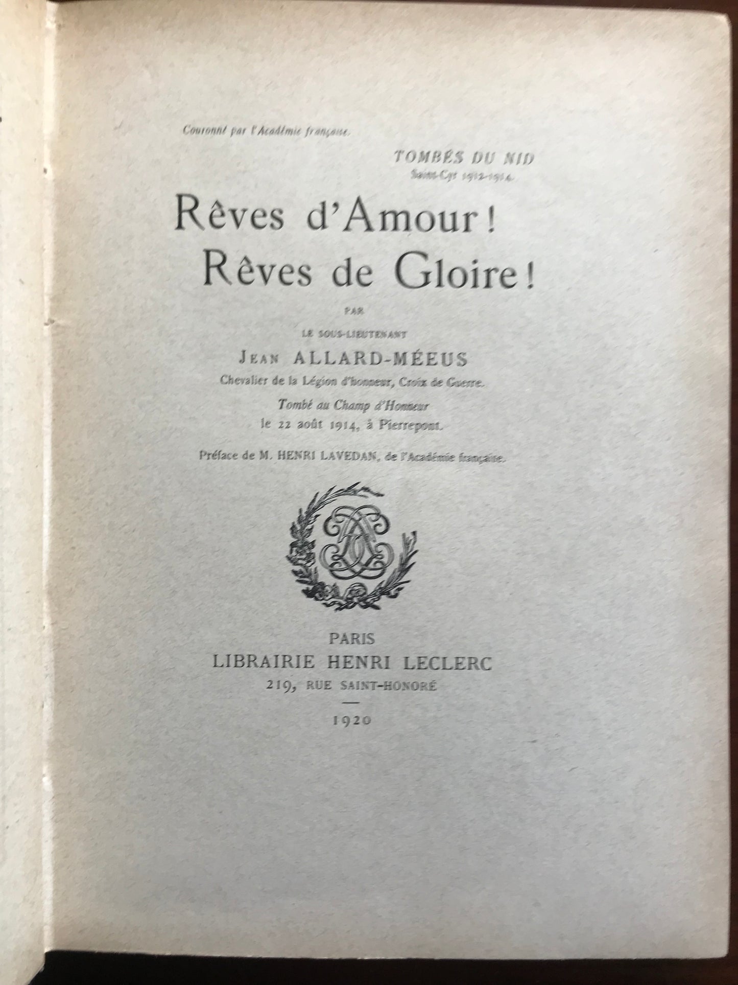 Rêves d'amour ! Rêves de gloire ! Jean Allard Méeus - 1920