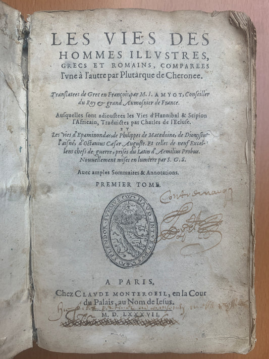 Les vies des hommes illustres - Plutarque - Amyot - Tome 1 - 1587