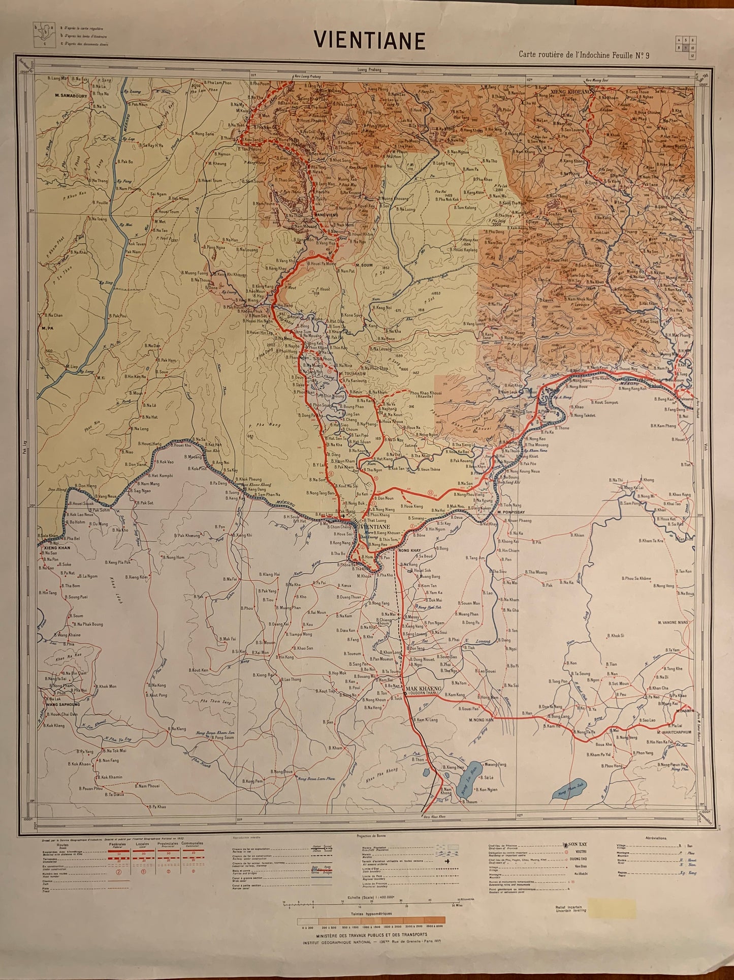 VIENTIANE - Carte routière de l'INDOCHINE - 1952
