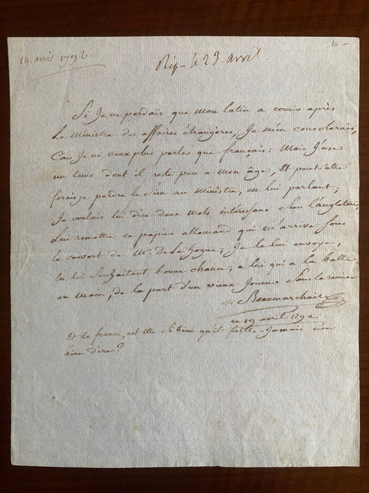 Beaumarchais - Lettre autographe signée - 19 avril 1792