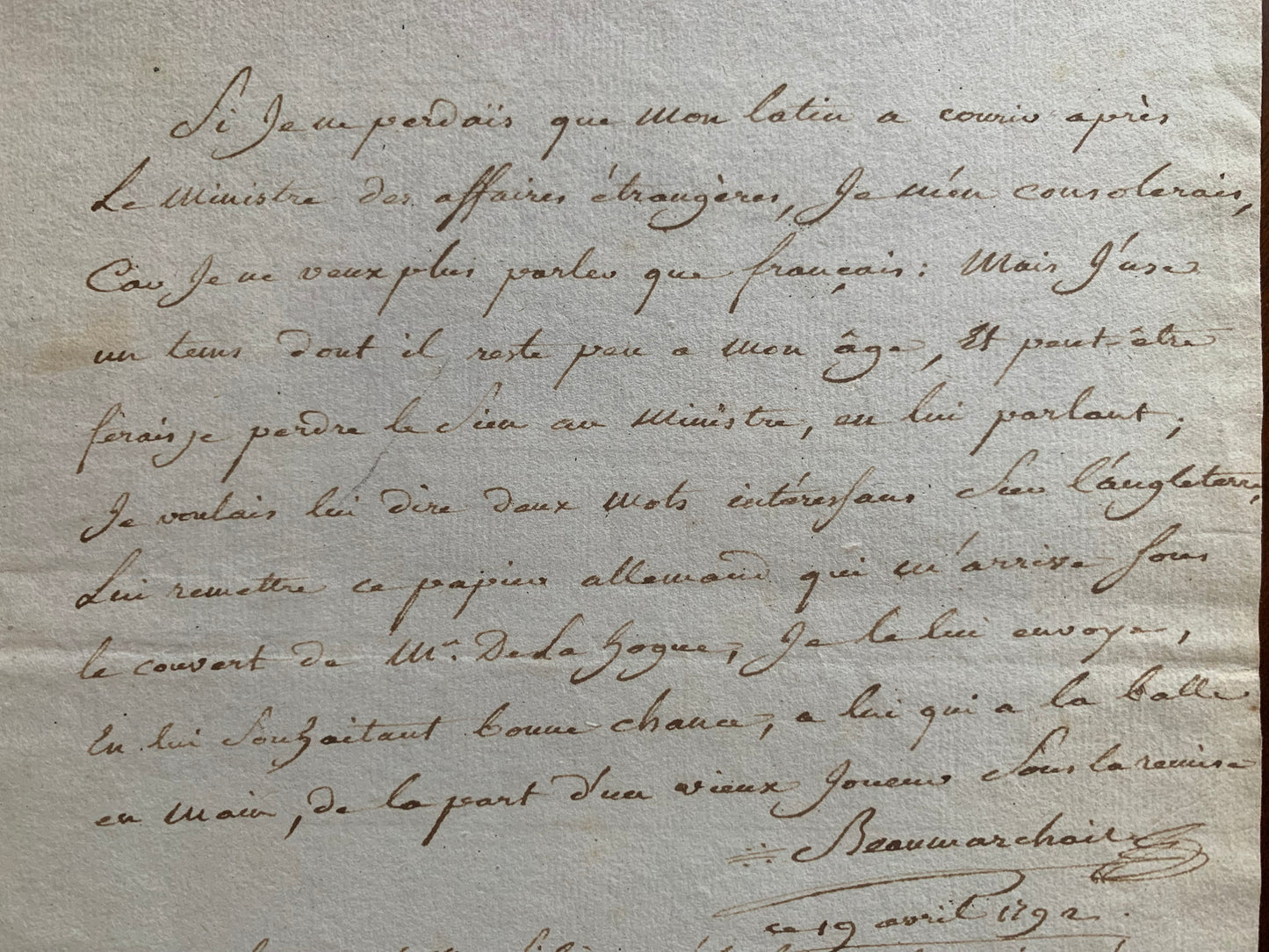 Beaumarchais - Lettre autographe signée - 19 avril 1792