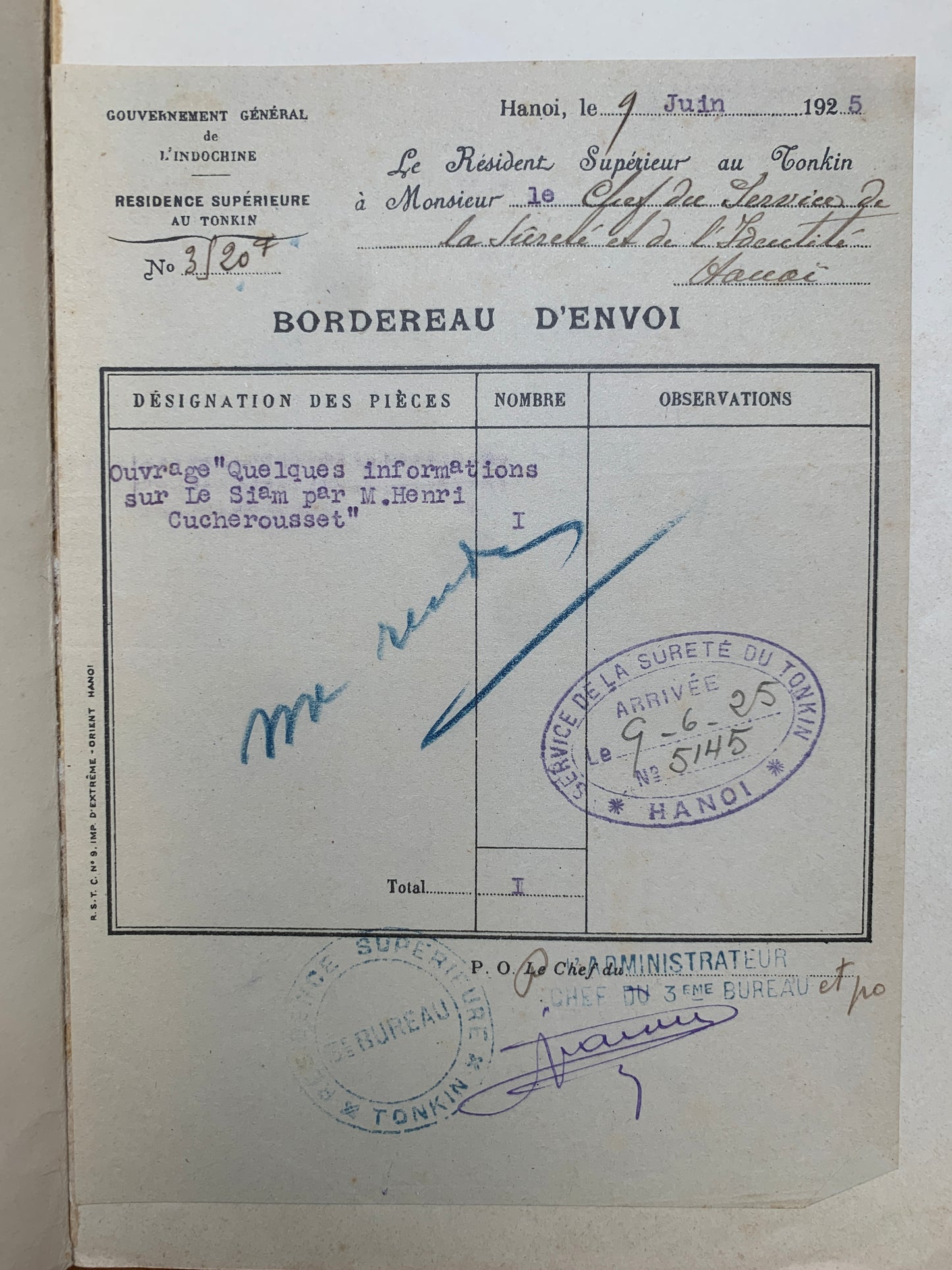 Quelques informations sur le Siam - Henri Cucherousset - Hanoi - 1925