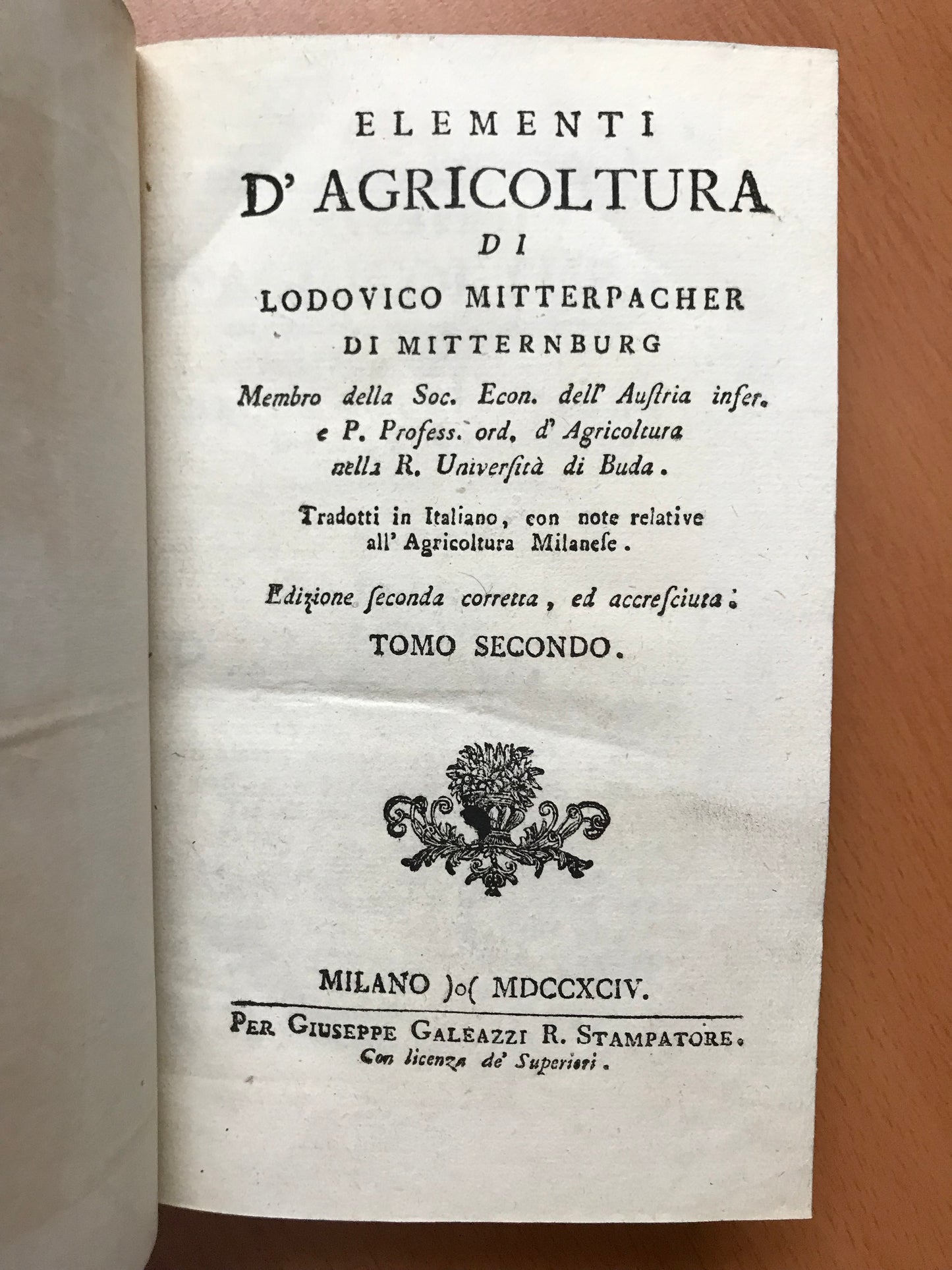 Elementi d'Agricoltura di Lodovico Mitterpacher di Mitternburg - 1794