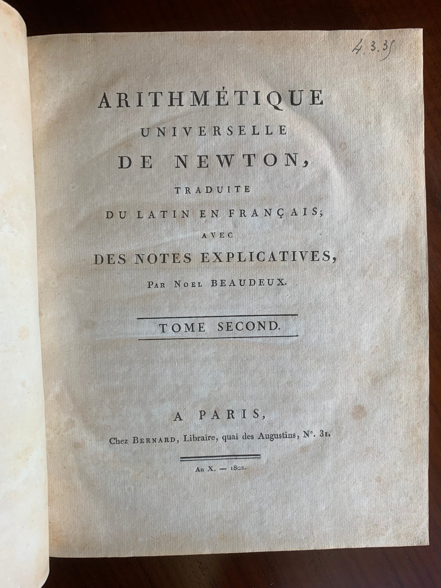 Arithmétique universelle de Newton - Noel Beaudeux - 1802