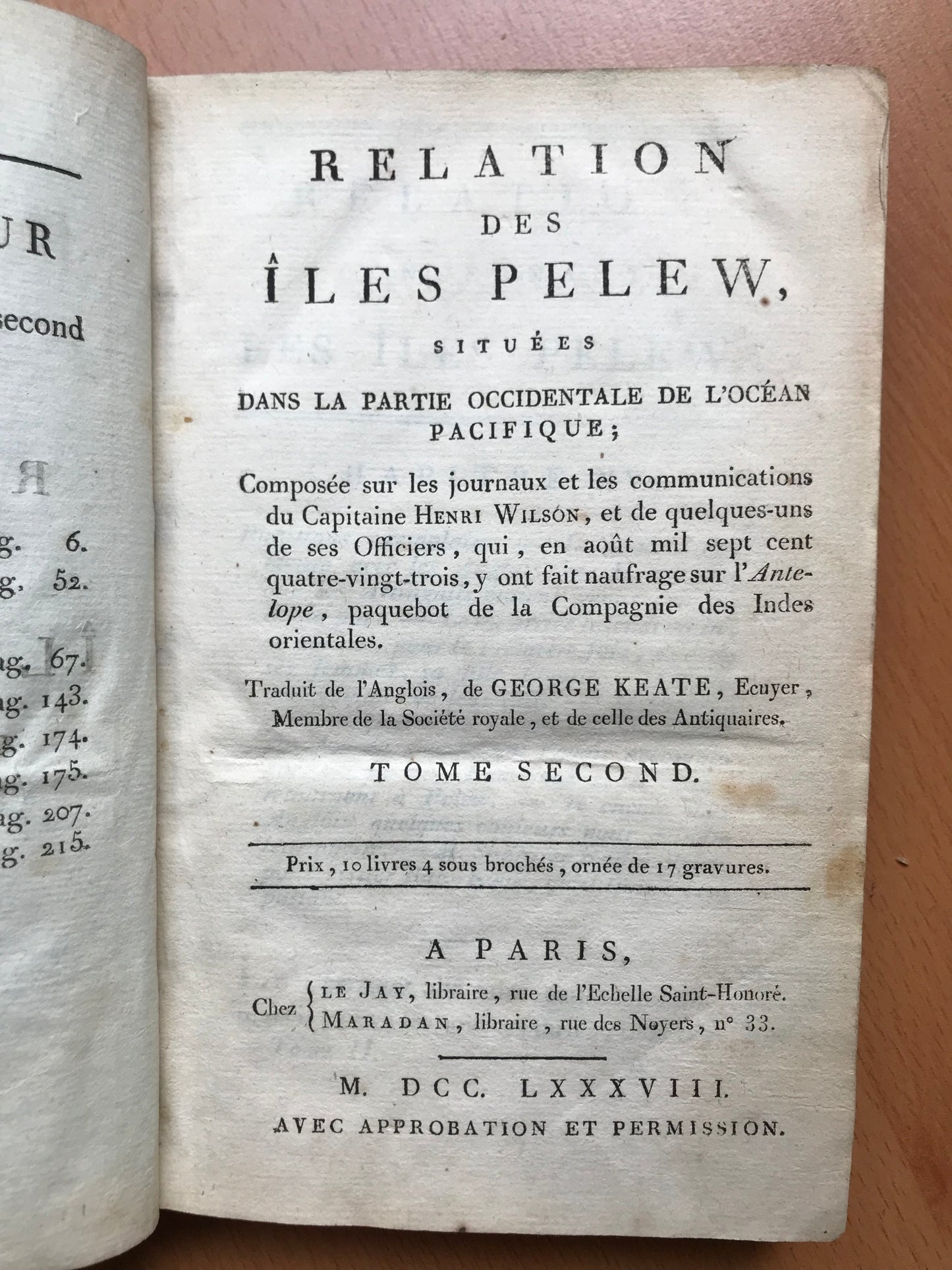 Relation des Îles Pelew situées dans la partie occidentale de l'Océan Pacifique - Henri Wilson - Edition originale - 1788