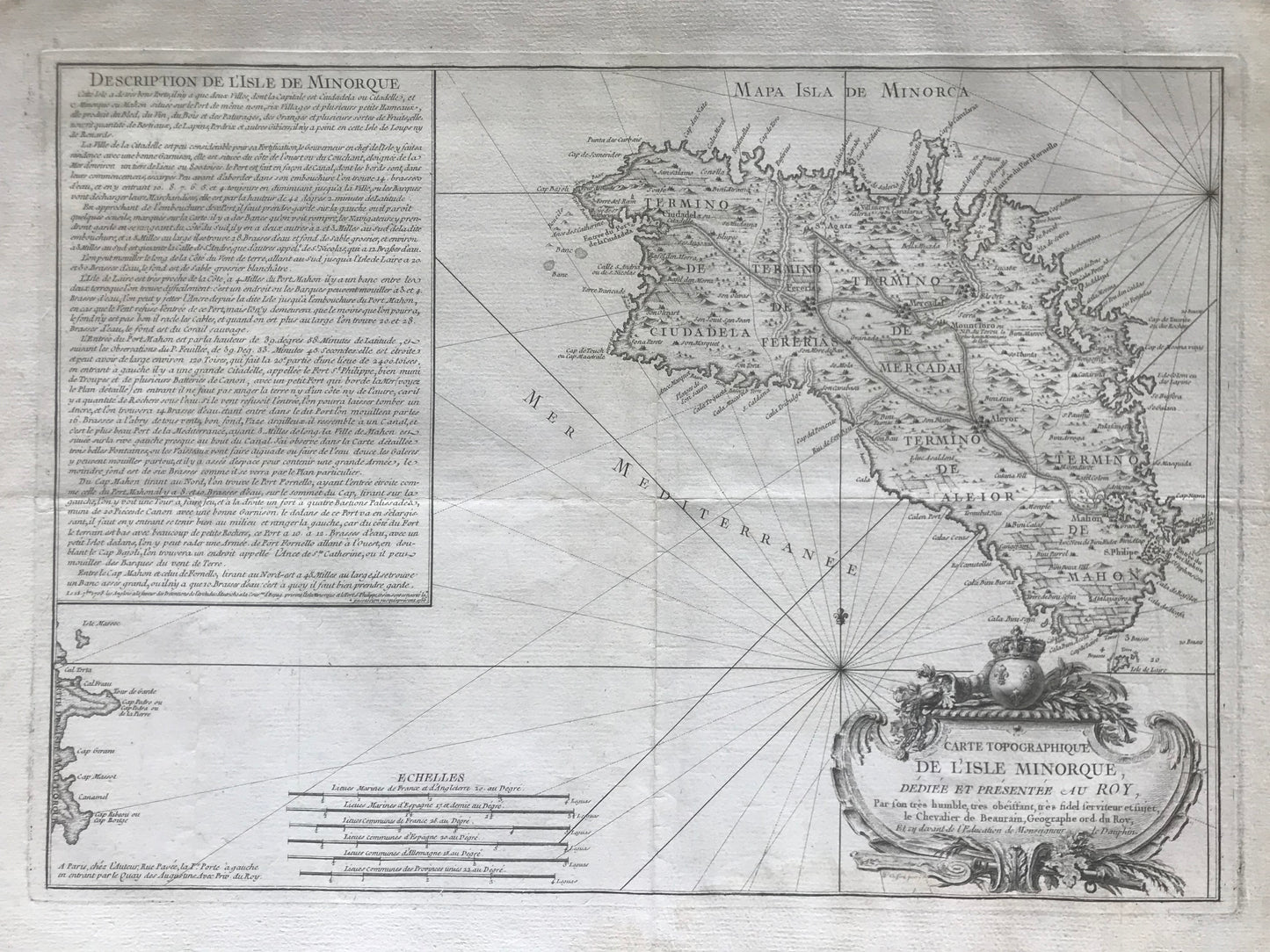Carte typographique de L'Isle Minorque dédiée et présentée au Roy, Par son très humble, très obéissant, très fidel serviteur et sujet, le Chevalier de Beaurain, géographe ord. du Roy, et cy devant de l'éducation de Monseigneur le Dauphin - 1756