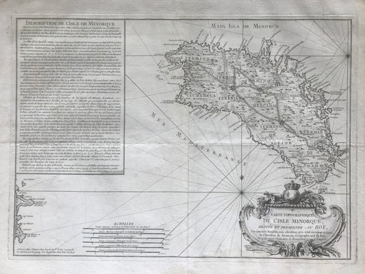 Carte typographique de L'Isle Minorque dédiée et présentée au Roy, Par son très humble, très obéissant, très fidel serviteur et sujet, le Chevalier de Beaurain, géographe ord. du Roy, et cy devant de l'éducation de Monseigneur le Dauphin - 1756