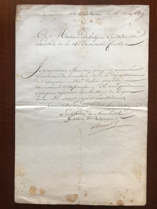Lettre manuscrite signée par Alexandre Berthier - Nomination de monsieur Dielac au grade de Lieutenant de louveterie dans le département de l'Aveyron - 1809