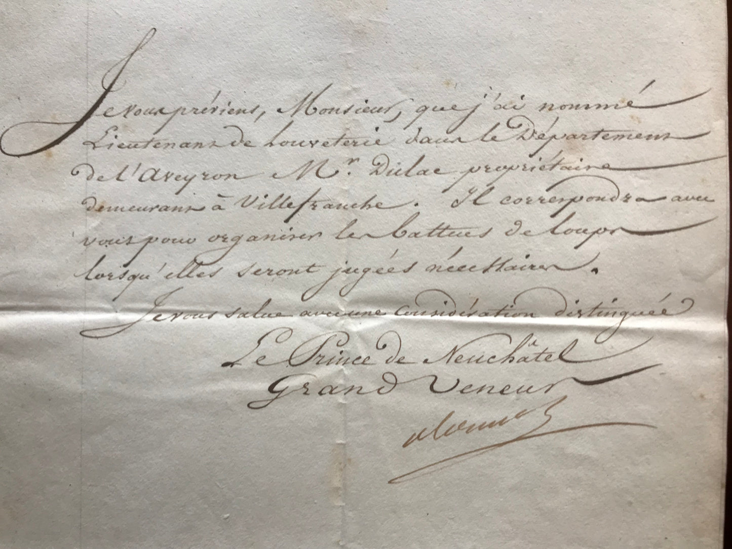Lettre manuscrite signée par Alexandre Berthier - Nomination de monsieur Dielac au grade de Lieutenant de louveterie dans le département de l'Aveyron - 1809