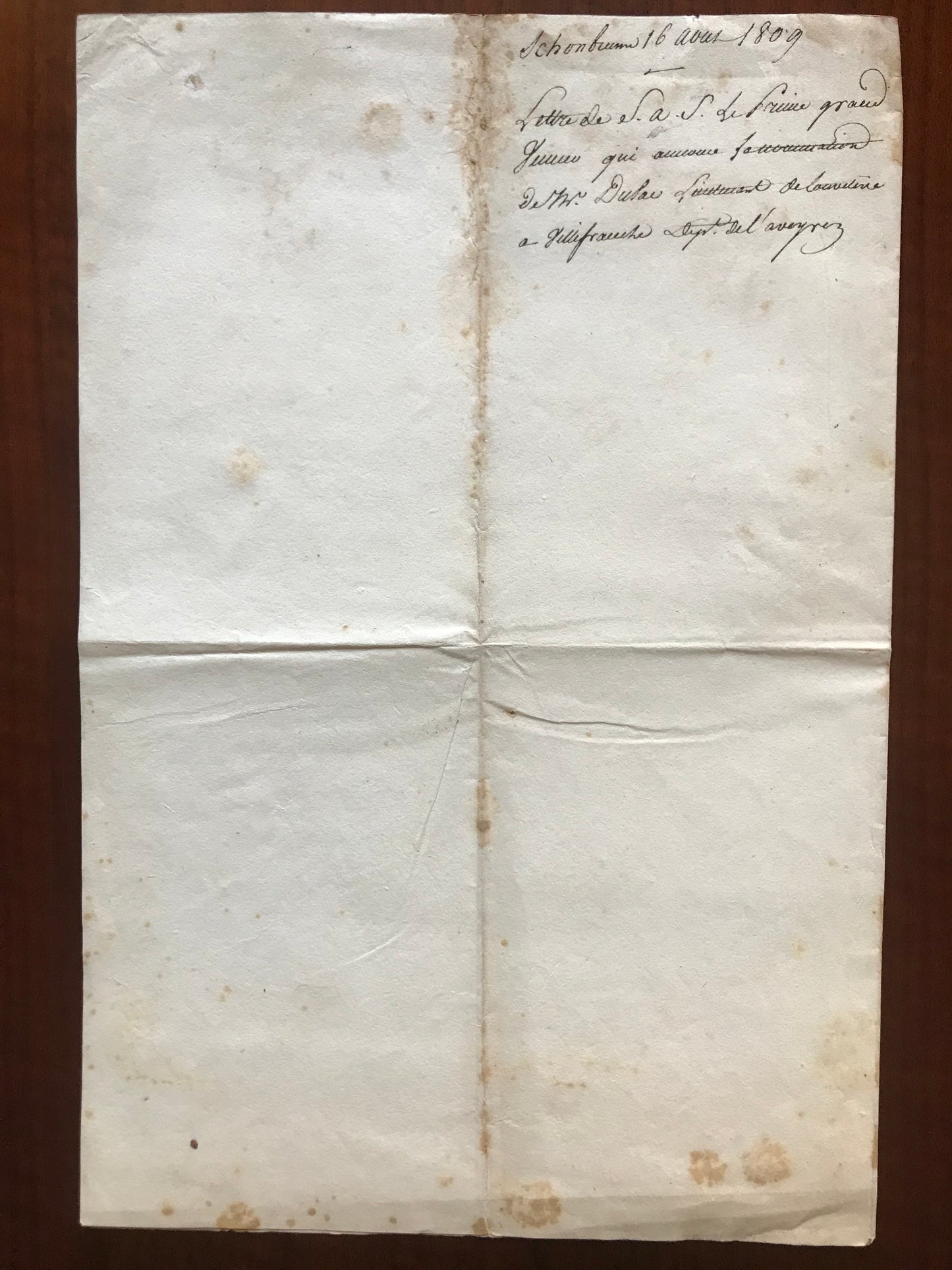 Lettre manuscrite signée par Alexandre Berthier - Nomination de monsieur Dielac au grade de Lieutenant de louveterie dans le département de l'Aveyron - 1809