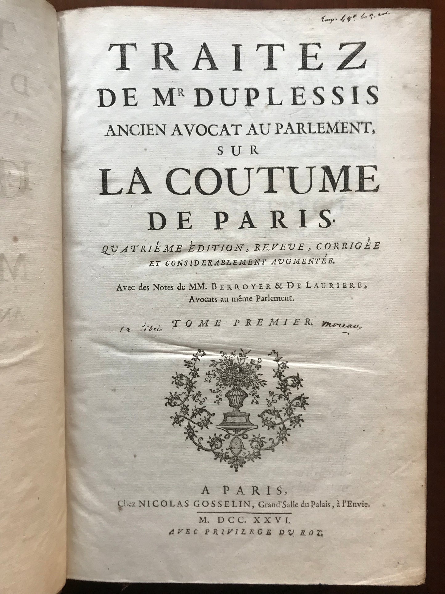 Oeuvres de Duplessis - Traités sur la Coutume de Paris - 1726