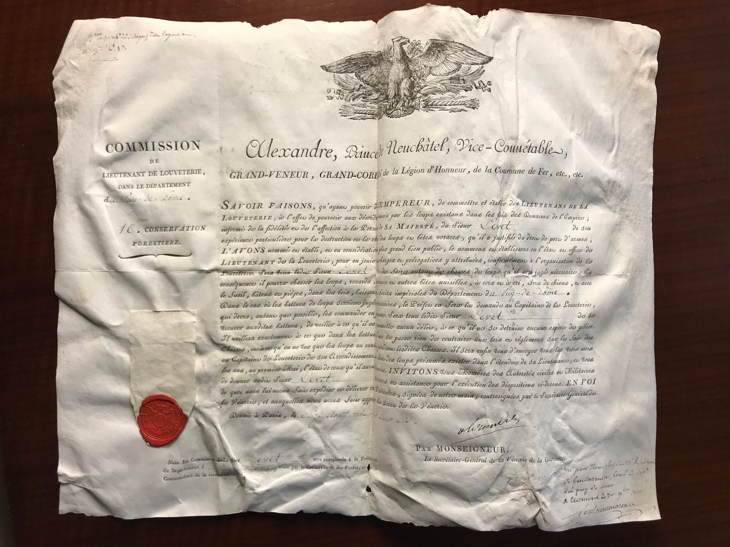 Commission de lieutenant de louveterie - Signé par Alexandre Berthier, Prince de Neuchâtel - 1810