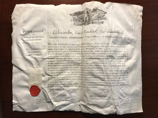 Commission de lieutenant de louveterie - Signé par Alexandre Berthier, Prince de Neuchâtel - 1810