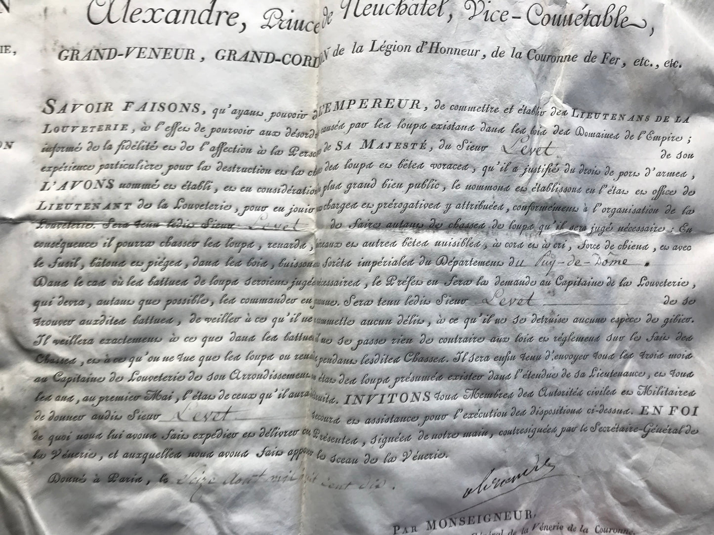 Commission de lieutenant de louveterie - Signé par Alexandre Berthier, Prince de Neuchâtel - 1810