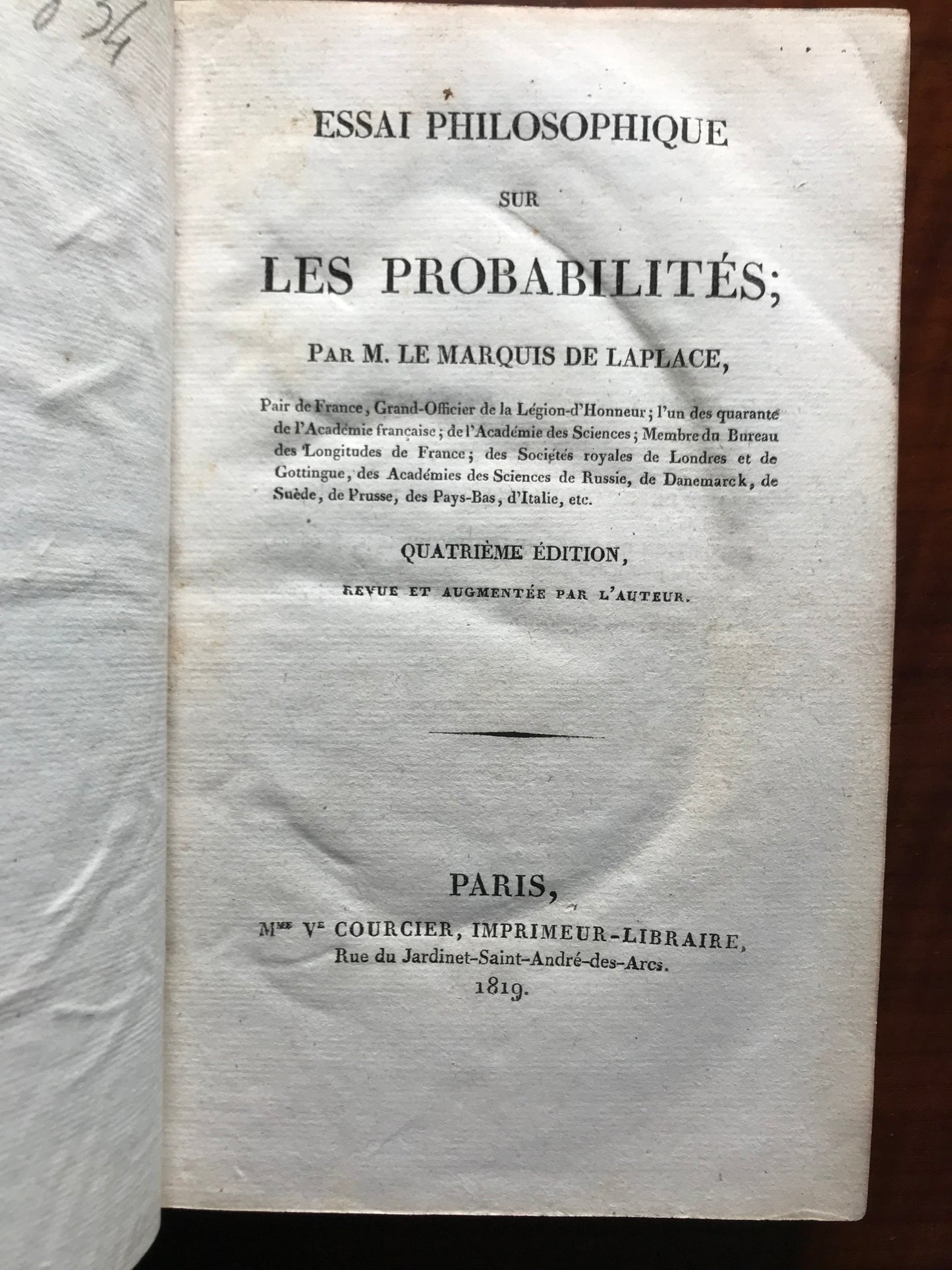 Essai philosophique sur les probabilités - Marquis de Laplace - 1819