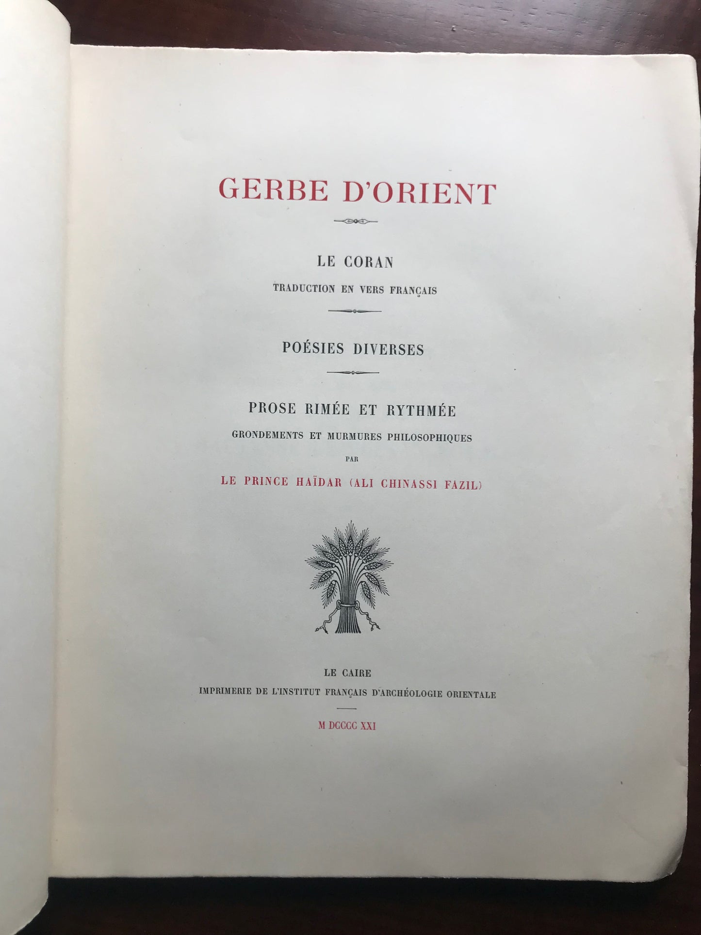 Gerbe d'Orient - Prince Haidar (Ali Chinasi Fazil) - Envoi autographe - EO 1921