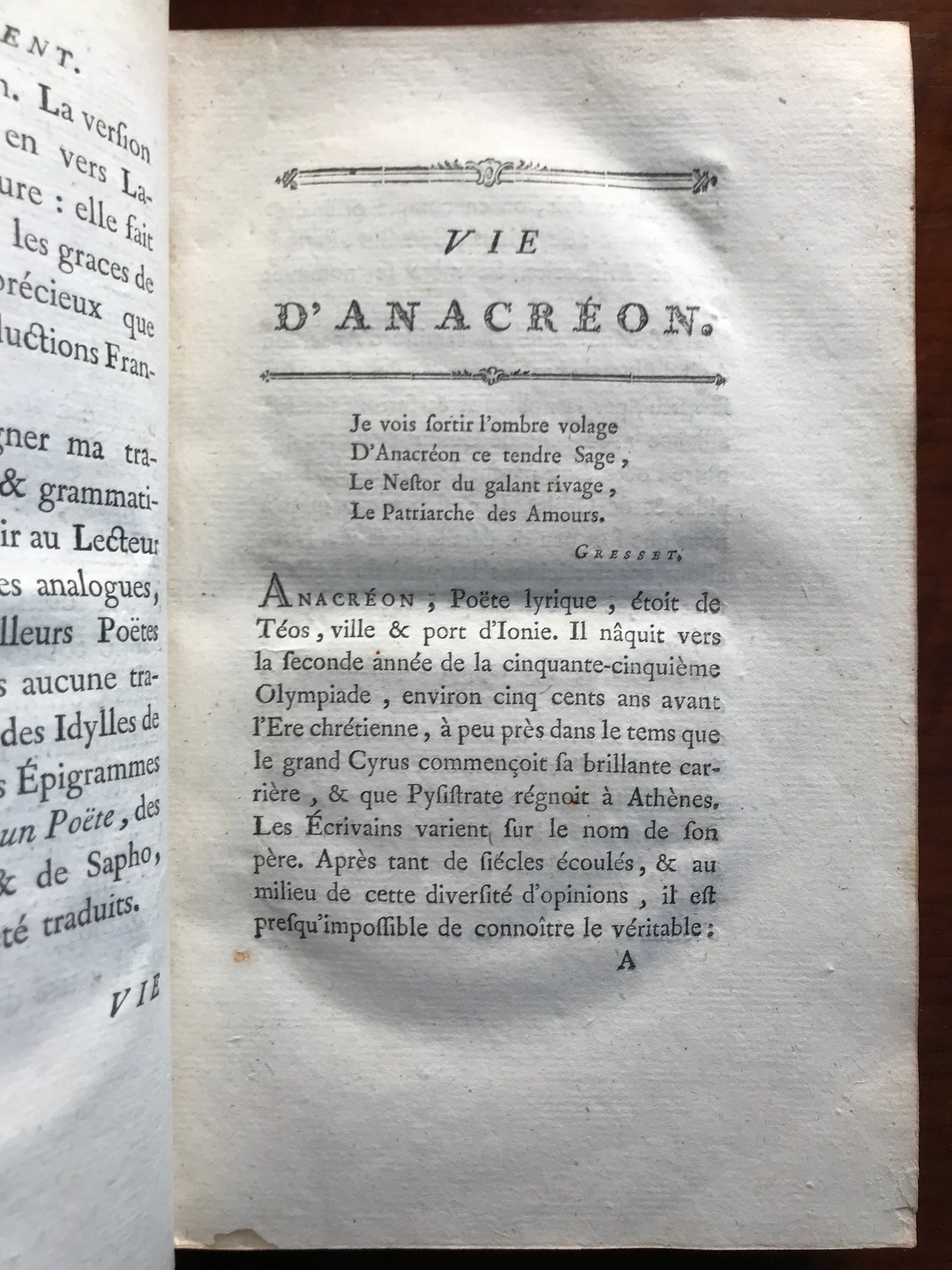 Anacréon, Sapho, Bion et Moschus - Traduction nouvelle en prose, suivie de la Veillée des fêtes de Vénus et d'un choix de pièces de différens auteurs par Moutonnet de Clairfons - 1780