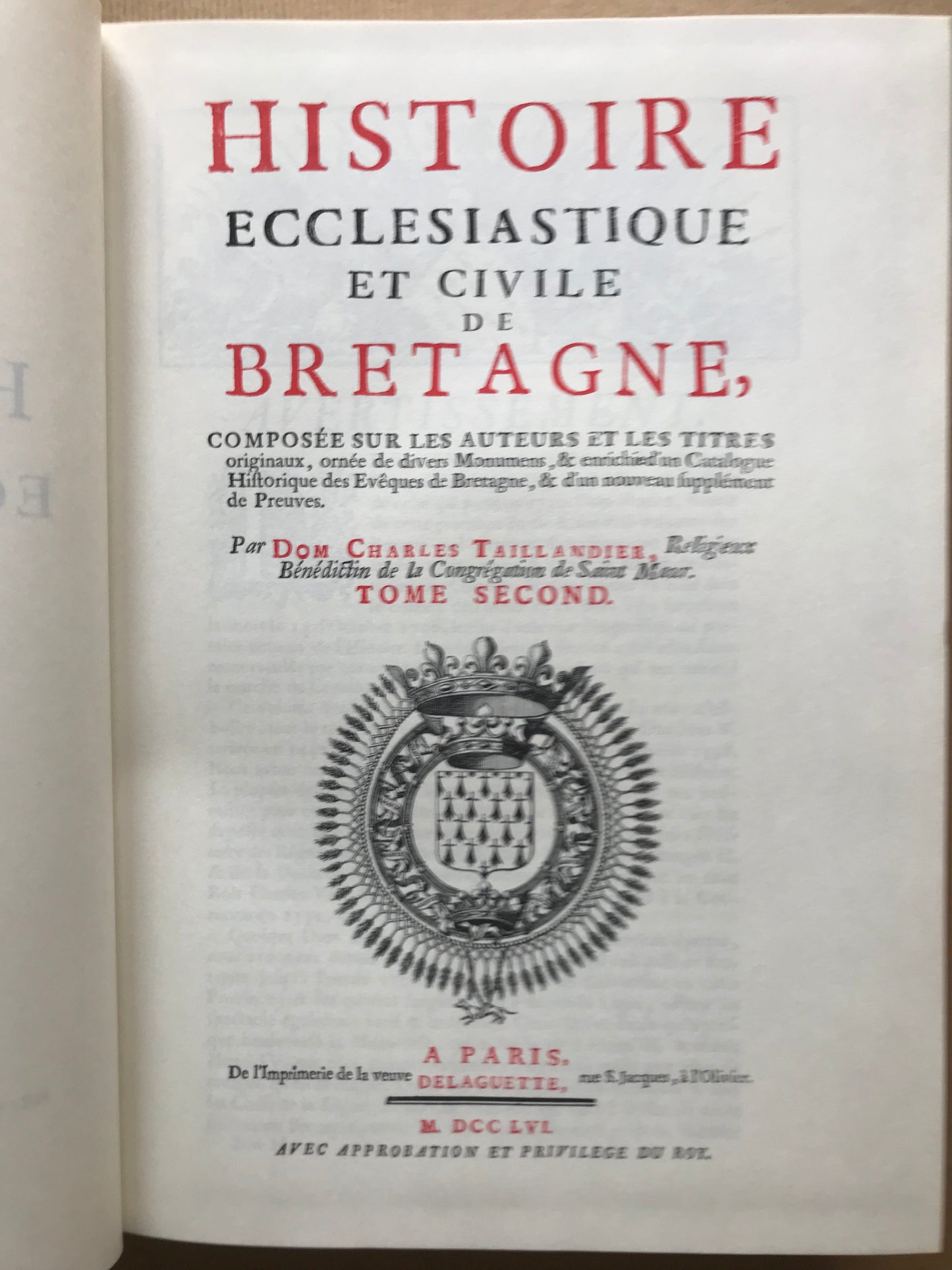 Histoire ecclésiastique et civile de Bretagne et Mémoires pour servir de preuves à l'Histoire ecclésiastique et civile de Bretagne - Dom Pierre-Hyacinthe Morice - 1974