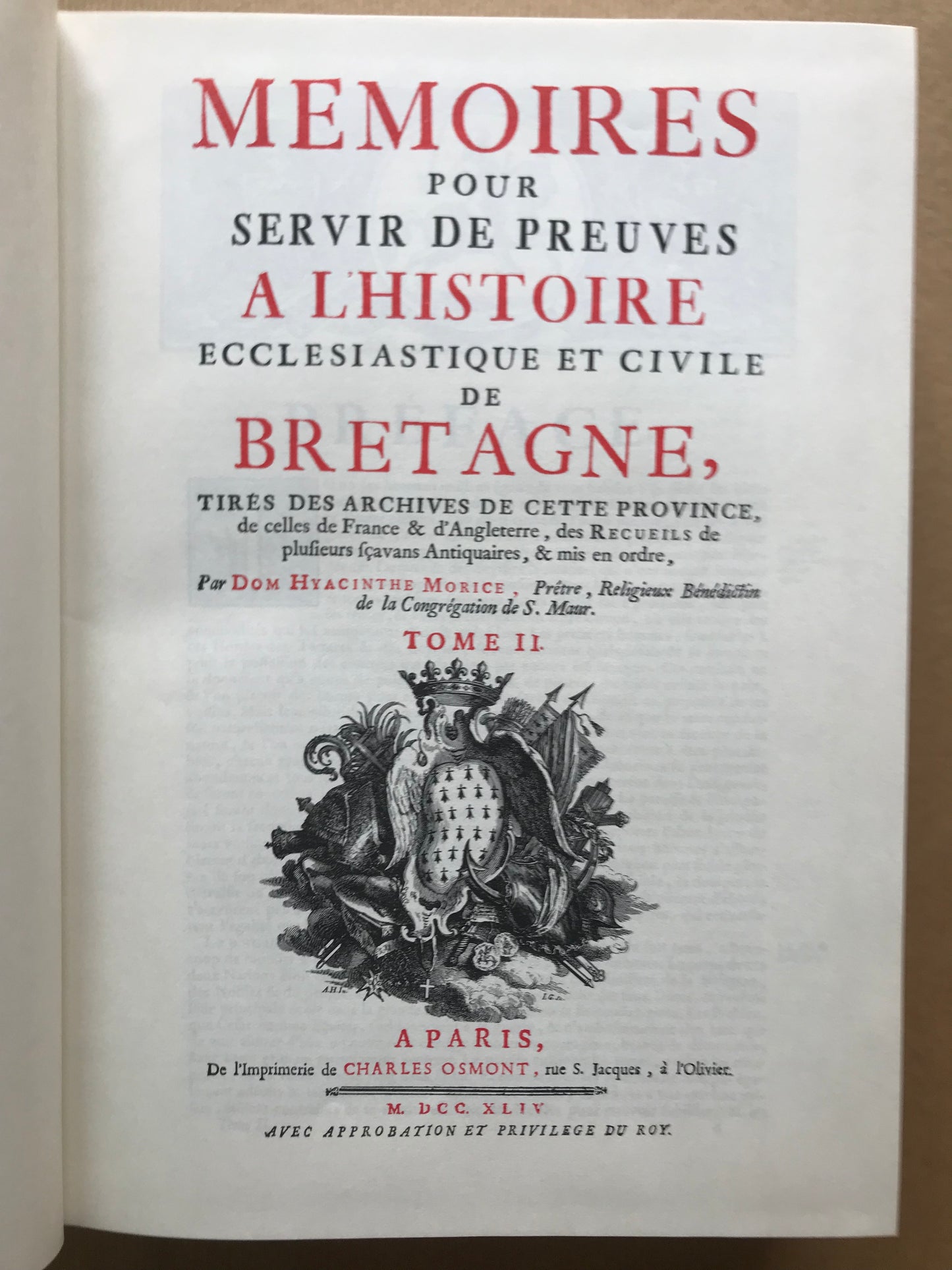 Histoire ecclésiastique et civile de Bretagne et Mémoires pour servir de preuves à l'Histoire ecclésiastique et civile de Bretagne - Dom Pierre-Hyacinthe Morice - 1974