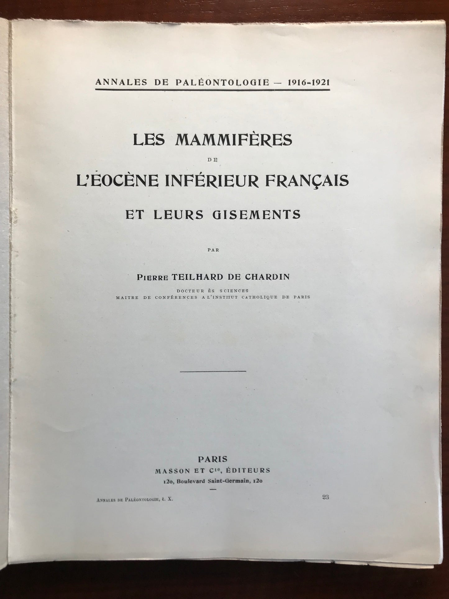 Les mammifères de l'éocène inférieur français et leurs gisements - Pierre Teilhard de Chardin - Edition originale de sa thèse - Envoi autographe - 1922