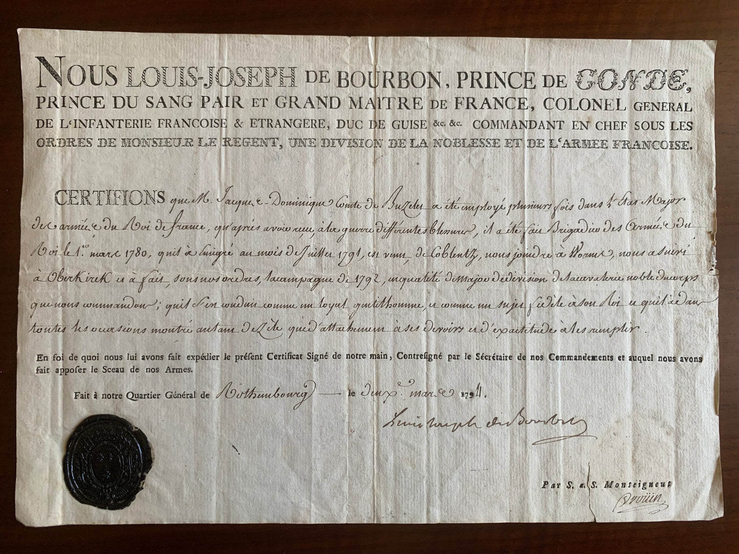 Louis-Joseph de Bourbon Prince de Condé - Signature autographe - François-Denis Drouin - 1794