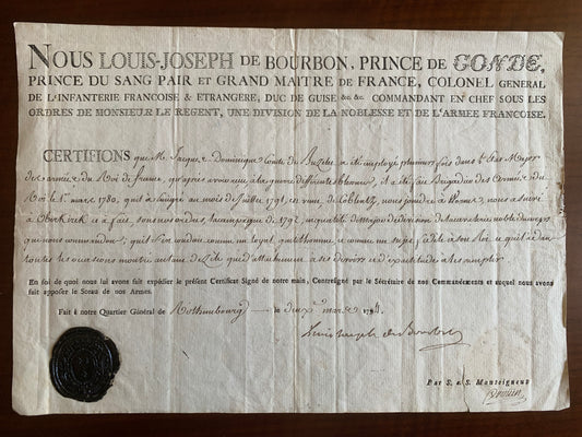 Louis-Joseph de Bourbon Prince de Condé - Signature autographe - François-Denis Drouin - 1794