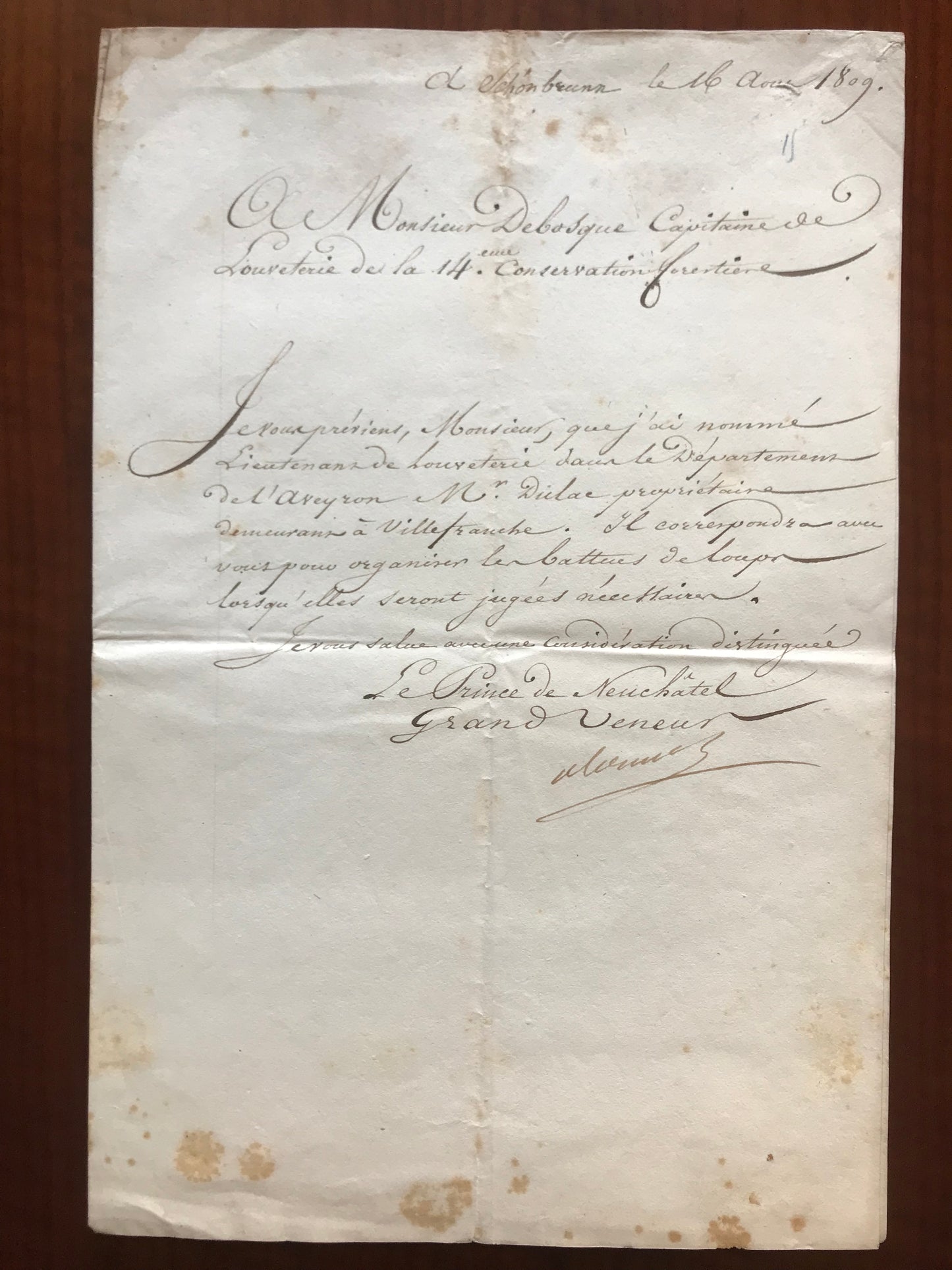Lettre manuscrite signée par Alexandre Berthier - Nomination de monsieur Dielac au grade de Lieutenant de louveterie dans le département de l'Aveyron - 1809