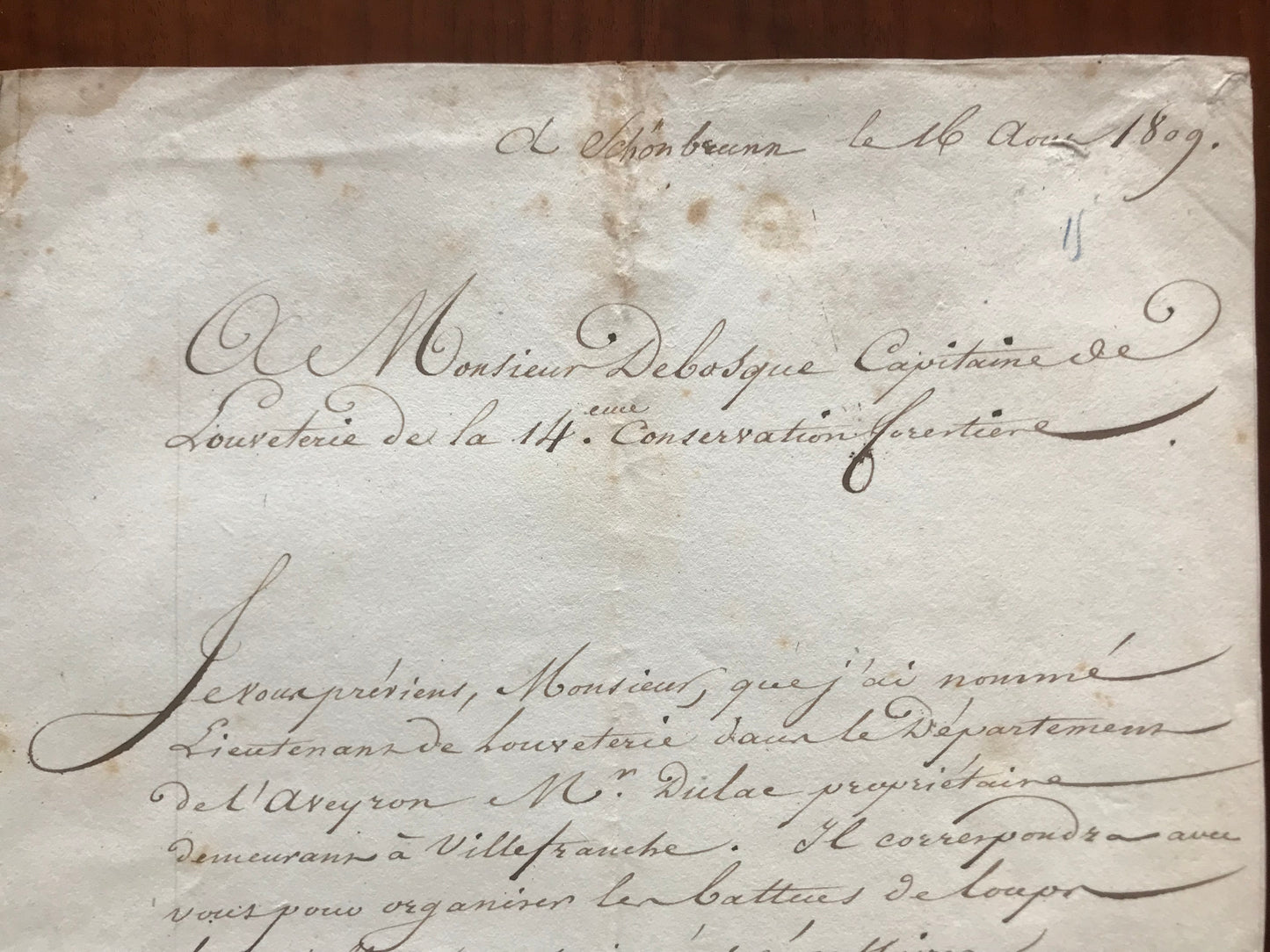 Lettre manuscrite signée par Alexandre Berthier - Nomination de monsieur Dielac au grade de Lieutenant de louveterie dans le département de l'Aveyron - 1809