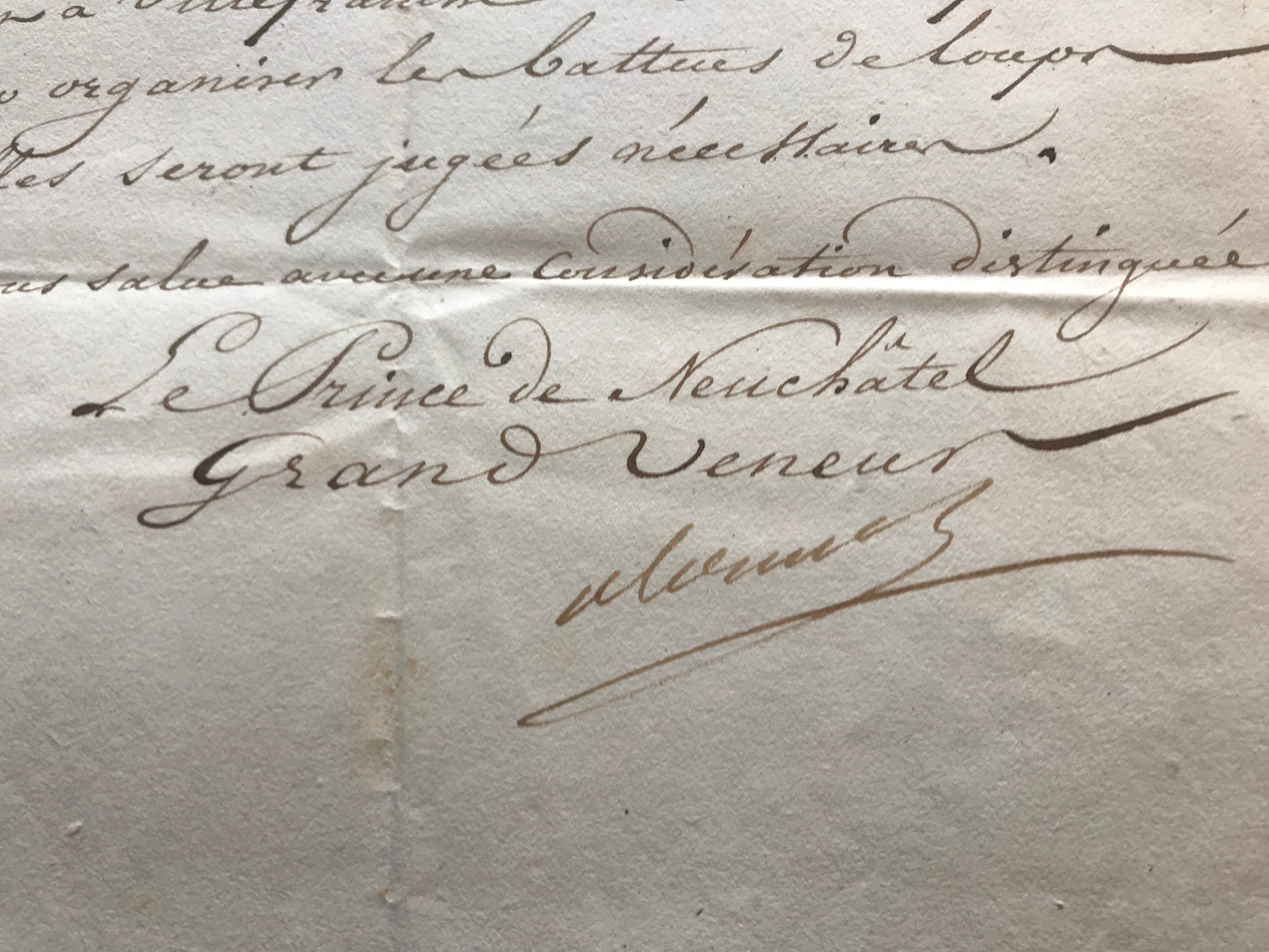 Lettre manuscrite signée par Alexandre Berthier - Nomination de monsieur Dielac au grade de Lieutenant de louveterie dans le département de l'Aveyron - 1809