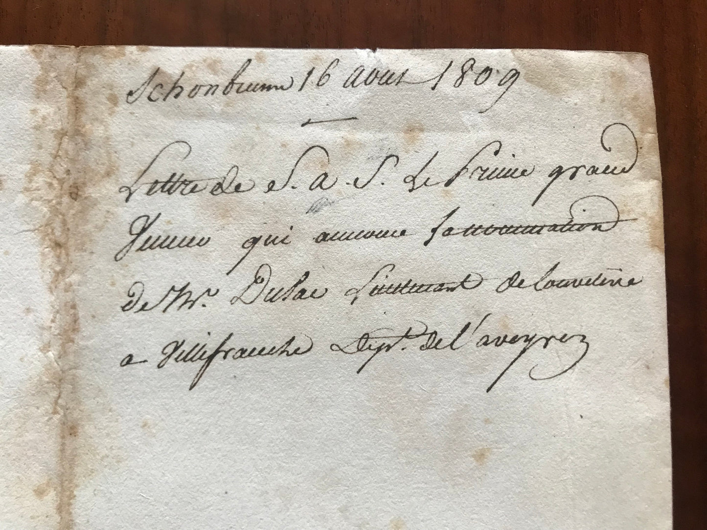 Lettre manuscrite signée par Alexandre Berthier - Nomination de monsieur Dielac au grade de Lieutenant de louveterie dans le département de l'Aveyron - 1809