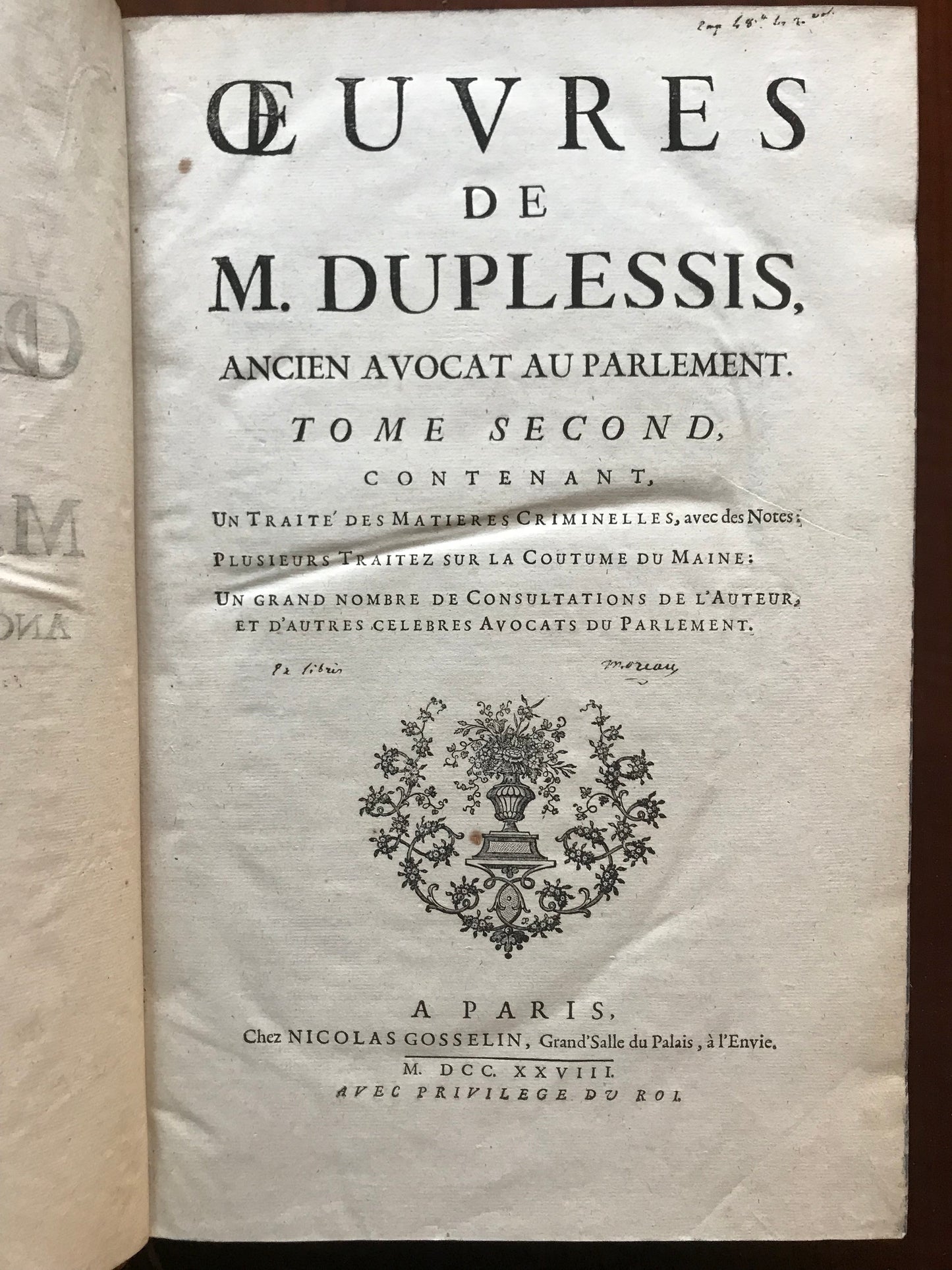 Oeuvres de Duplessis - Traités sur la Coutume de Paris - 1726