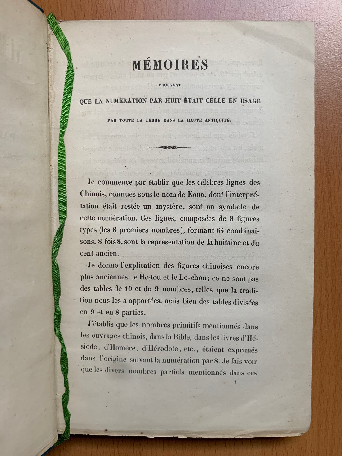 Numération par Huit Anciennement en usage par toute la Terre Prouvée par les Koua des chinois Par la Bible, par les livres d'Hésiode, d'Homère, d'Hérodote, etc. - Aimé Mariage - Envoi autographe - Edition originale - 1857