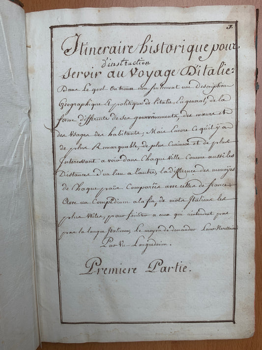 Manuscrit - Itinéraire historique pour servir au voyage en Italie - c 1700
