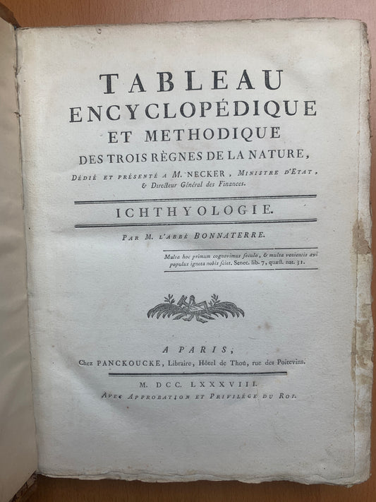 Ichthyologie - Poissons - Tableau encyclopédique - Abbé Bonnaterre - 1788