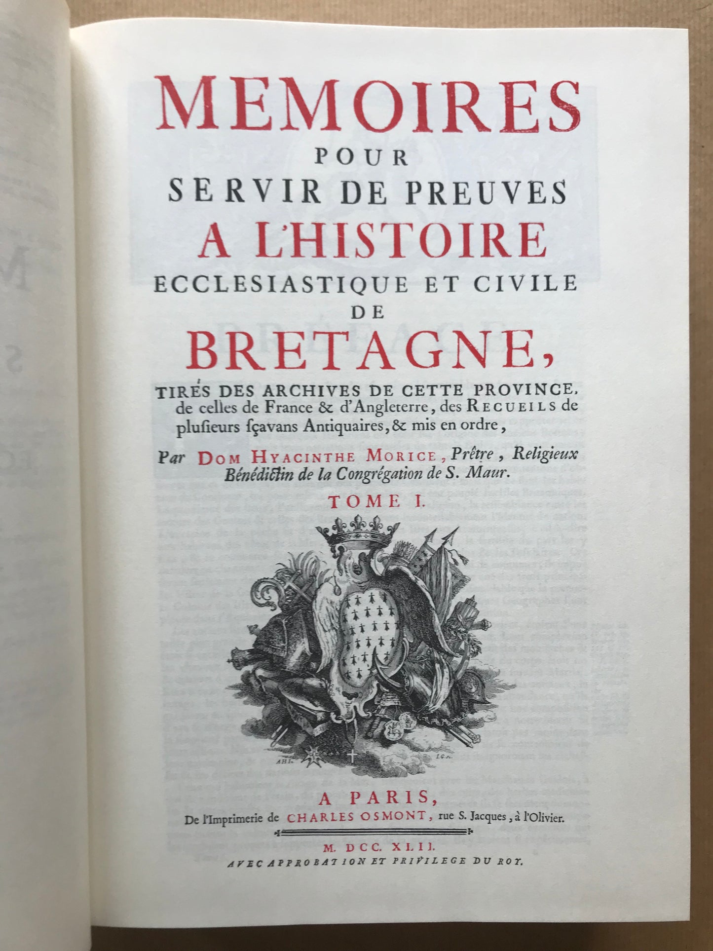 Histoire ecclésiastique et civile de Bretagne et Mémoires pour servir de preuves à l'Histoire ecclésiastique et civile de Bretagne - Dom Pierre-Hyacinthe Morice - 1974