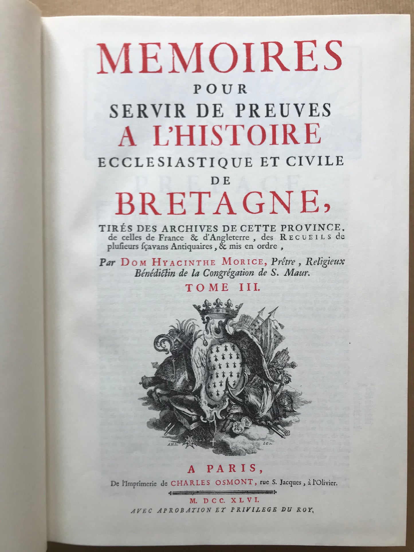 Histoire ecclésiastique et civile de Bretagne et Mémoires pour servir de preuves à l'Histoire ecclésiastique et civile de Bretagne - Dom Pierre-Hyacinthe Morice - 1974