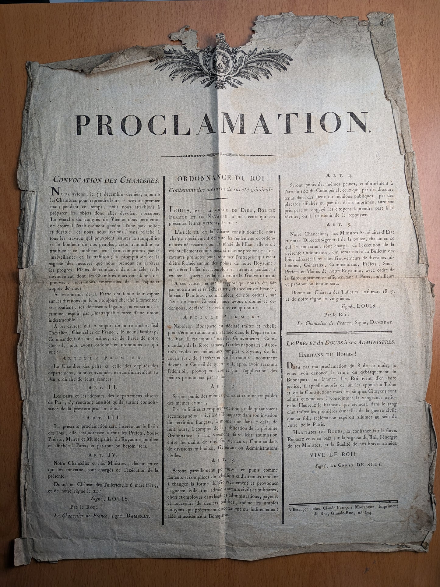 Proclamation de Louis XVIII contre Napoléon Bonaparte - Placard - 13 mars 1815