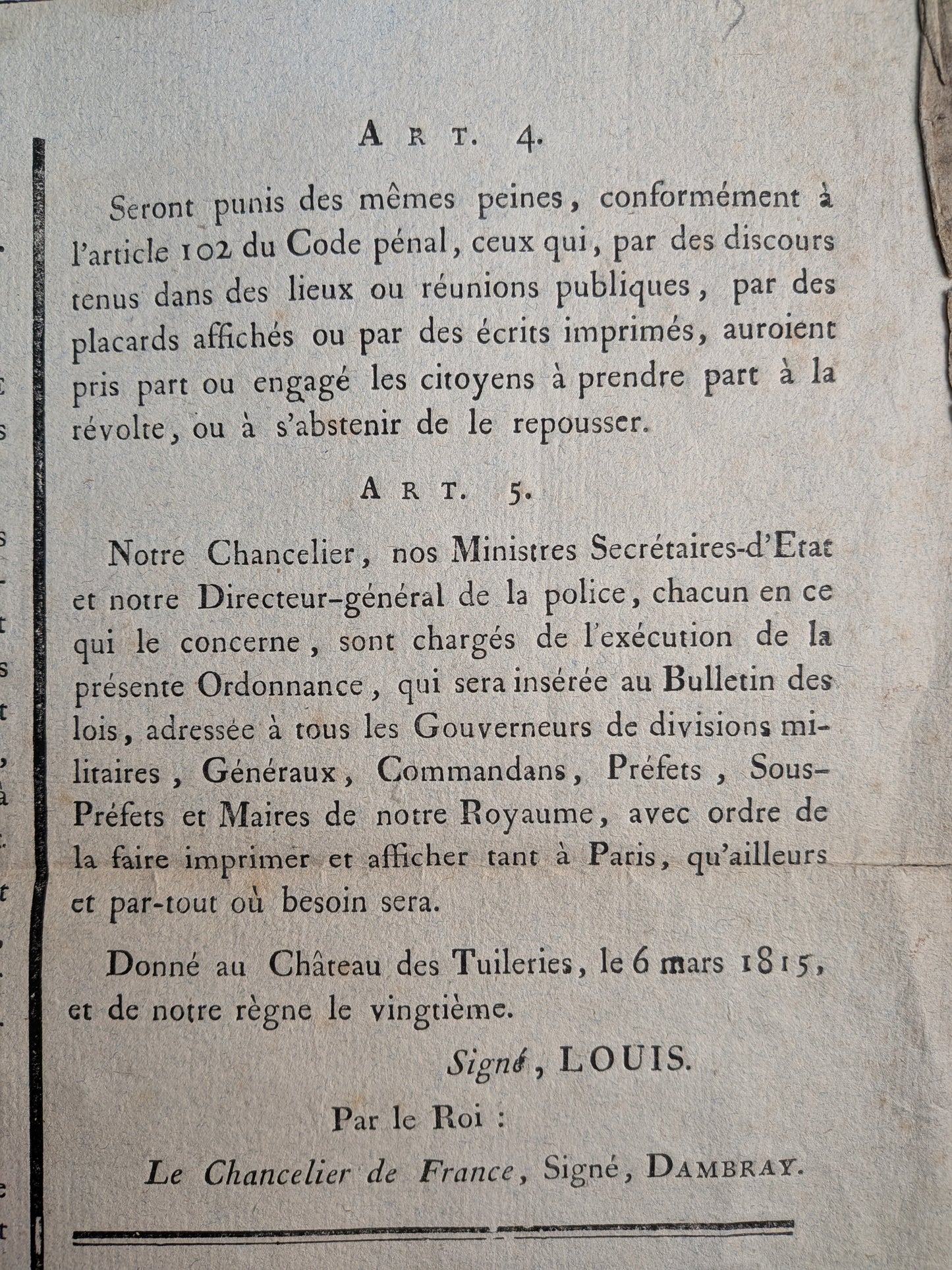 Proclamation de Louis XVIII contre Napoléon Bonaparte - Placard - 13 mars 1815